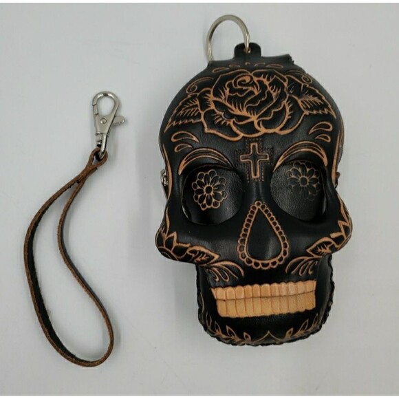 Sugar Skull Leather Wristlet Wallet Handmade Day of the Dead Coin Purse Keychain - Picture 3 of 15